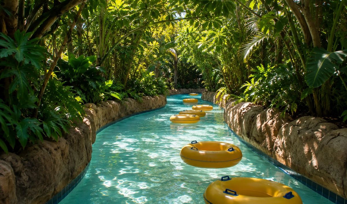 Lazy river channel winding through tropical planting with float tubes on the water